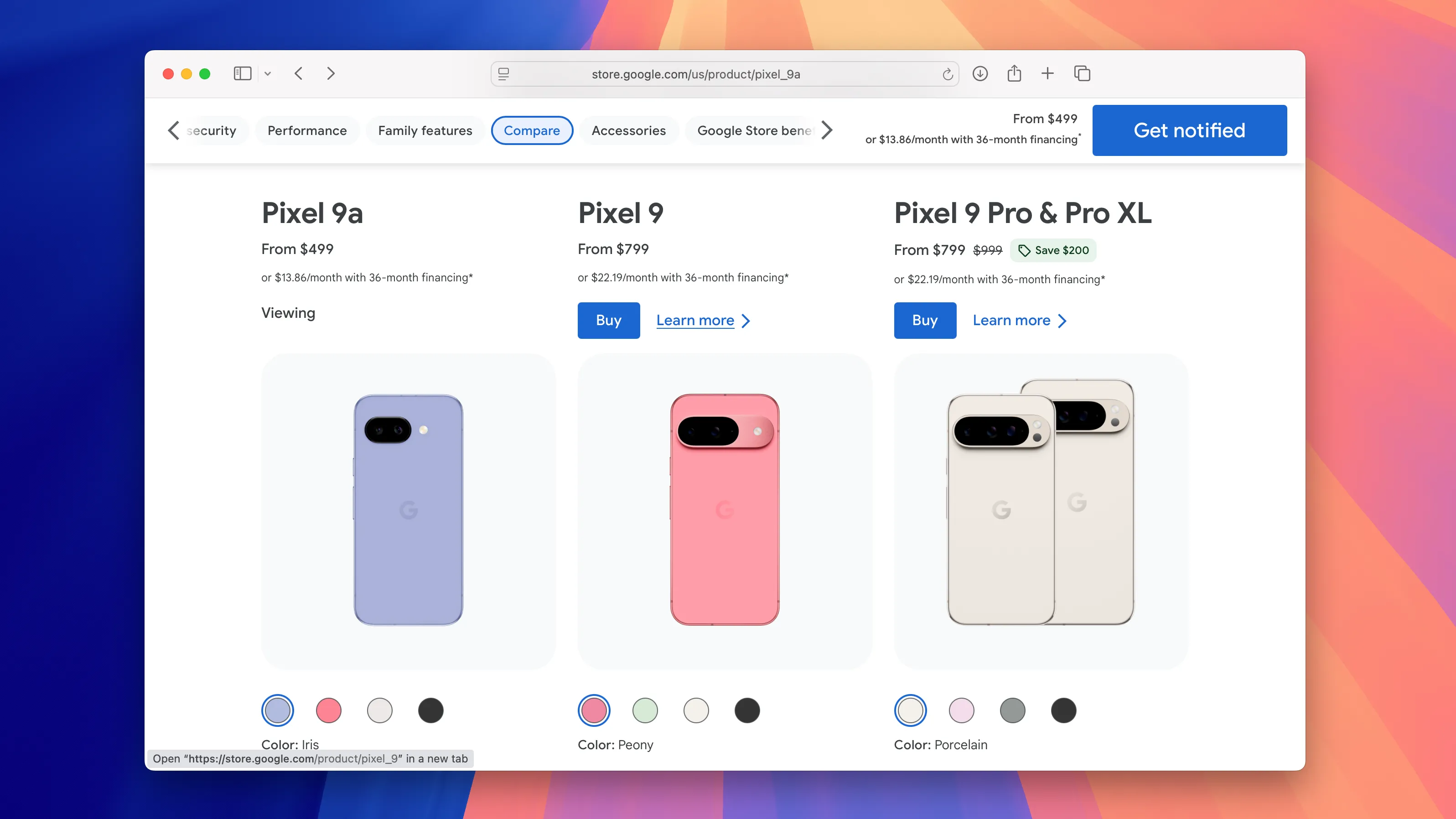 Giá Google Pixel 9a và các mẫu điện thoại Pixel 9 khác trên trình duyệt Safari