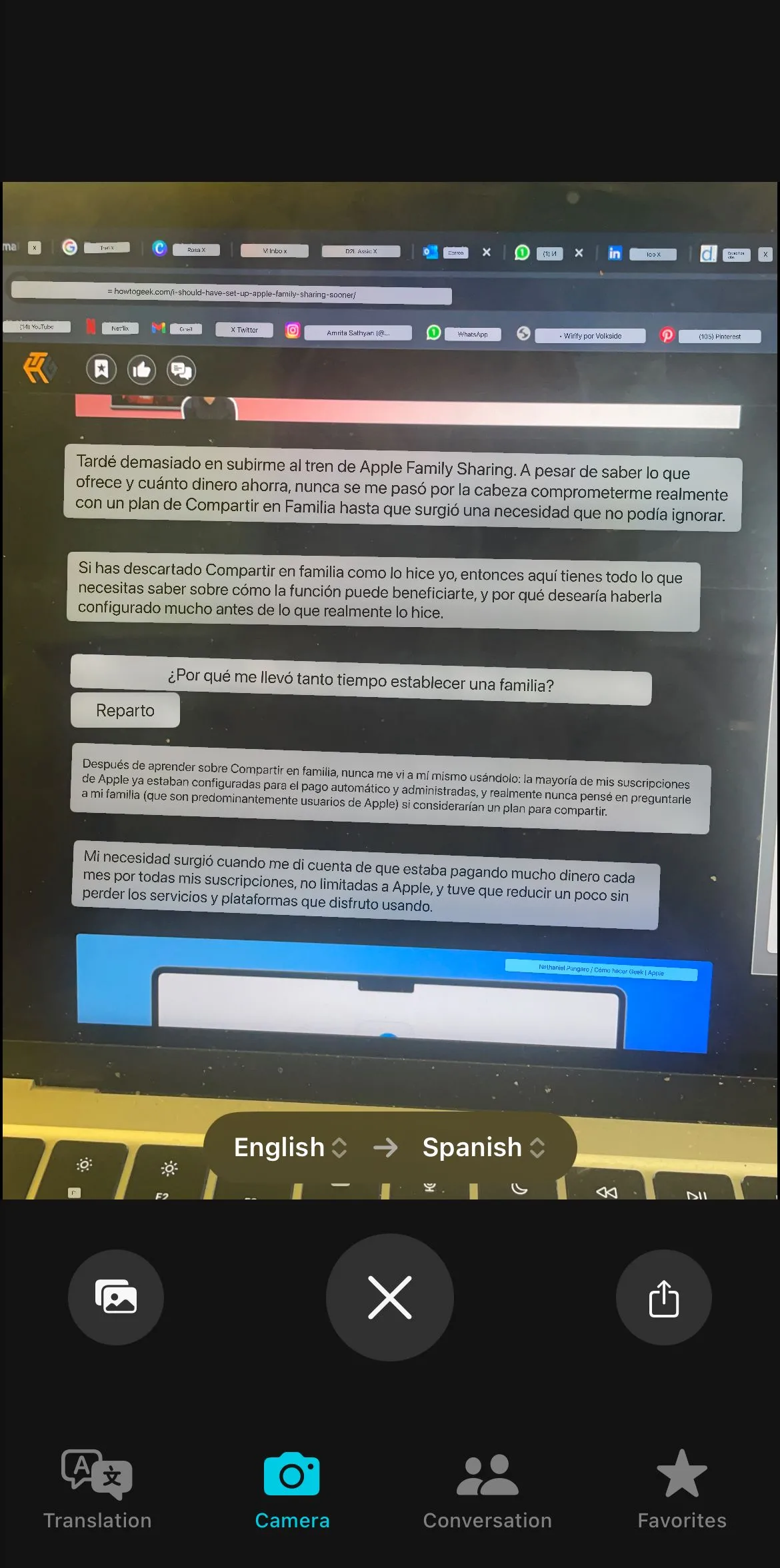 Giao diện Apple Translate hiển thị bản dịch của văn bản từ một bức ảnh chụp.