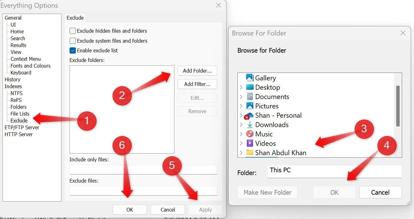 Giao diện cài đặt loại trừ thư mục trong Everything App trên Windows.