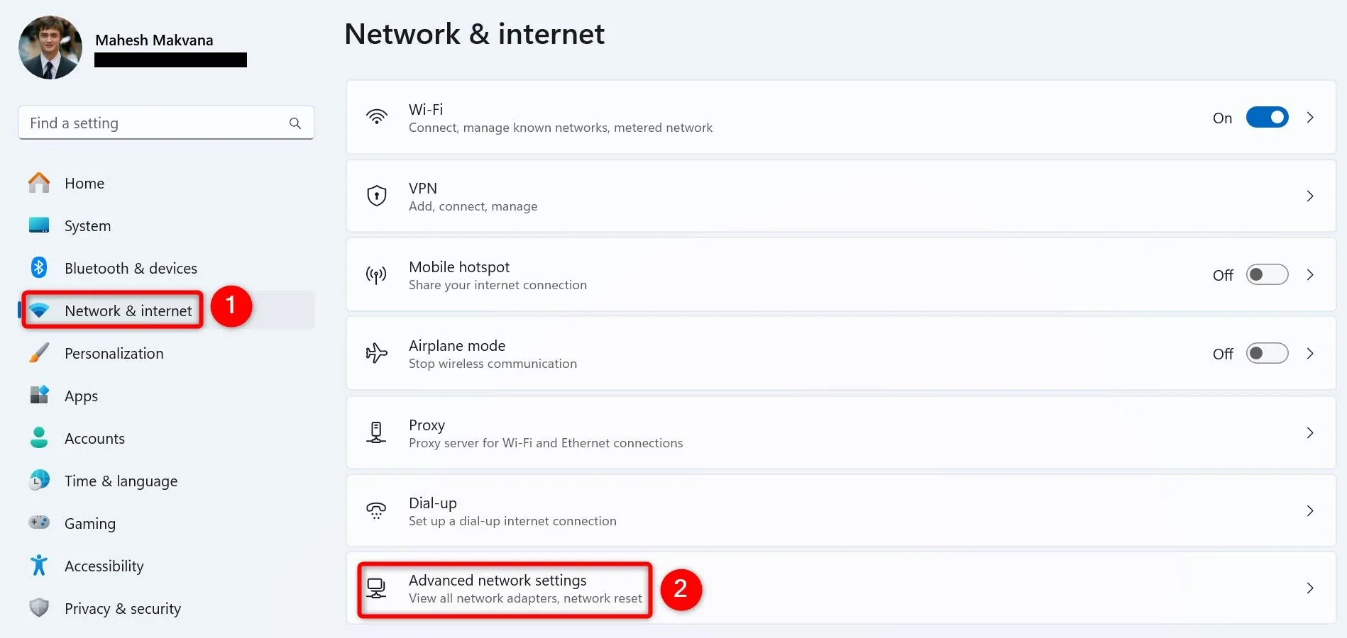 Giao diện Cài đặt Mạng & Internet nâng cao trên Windows 11