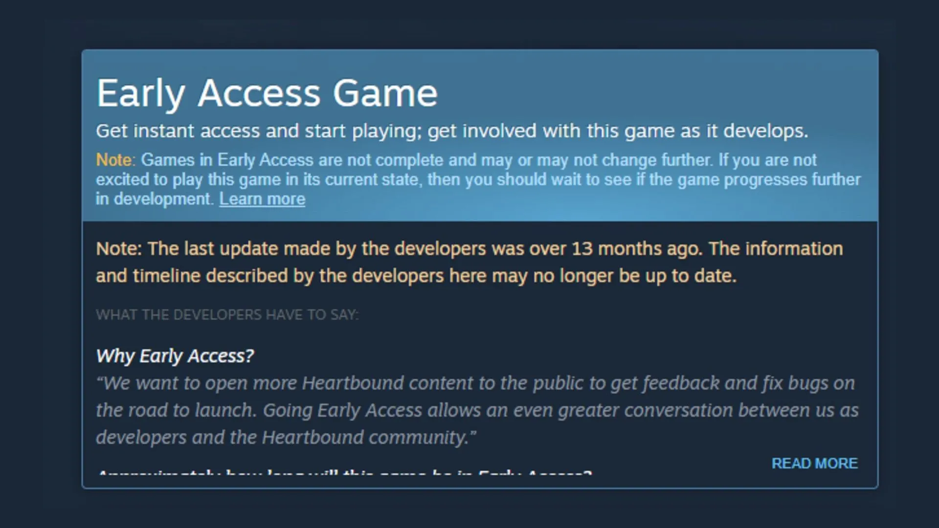 Giao diện cảnh báo Steam về game Early Access lâu không cập nhật.