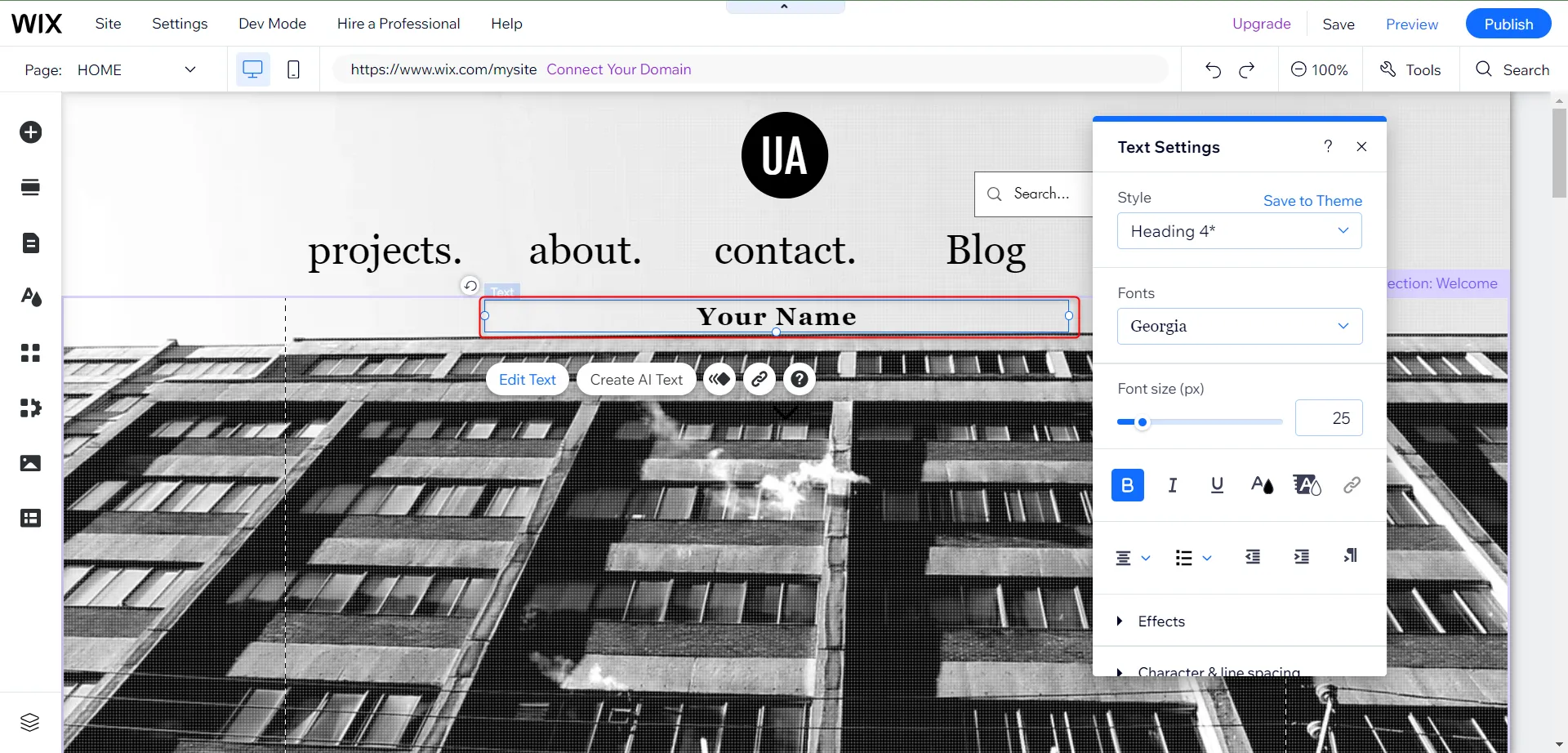Giao diện chỉnh sửa website Wix, hiển thị các tùy chọn văn bản