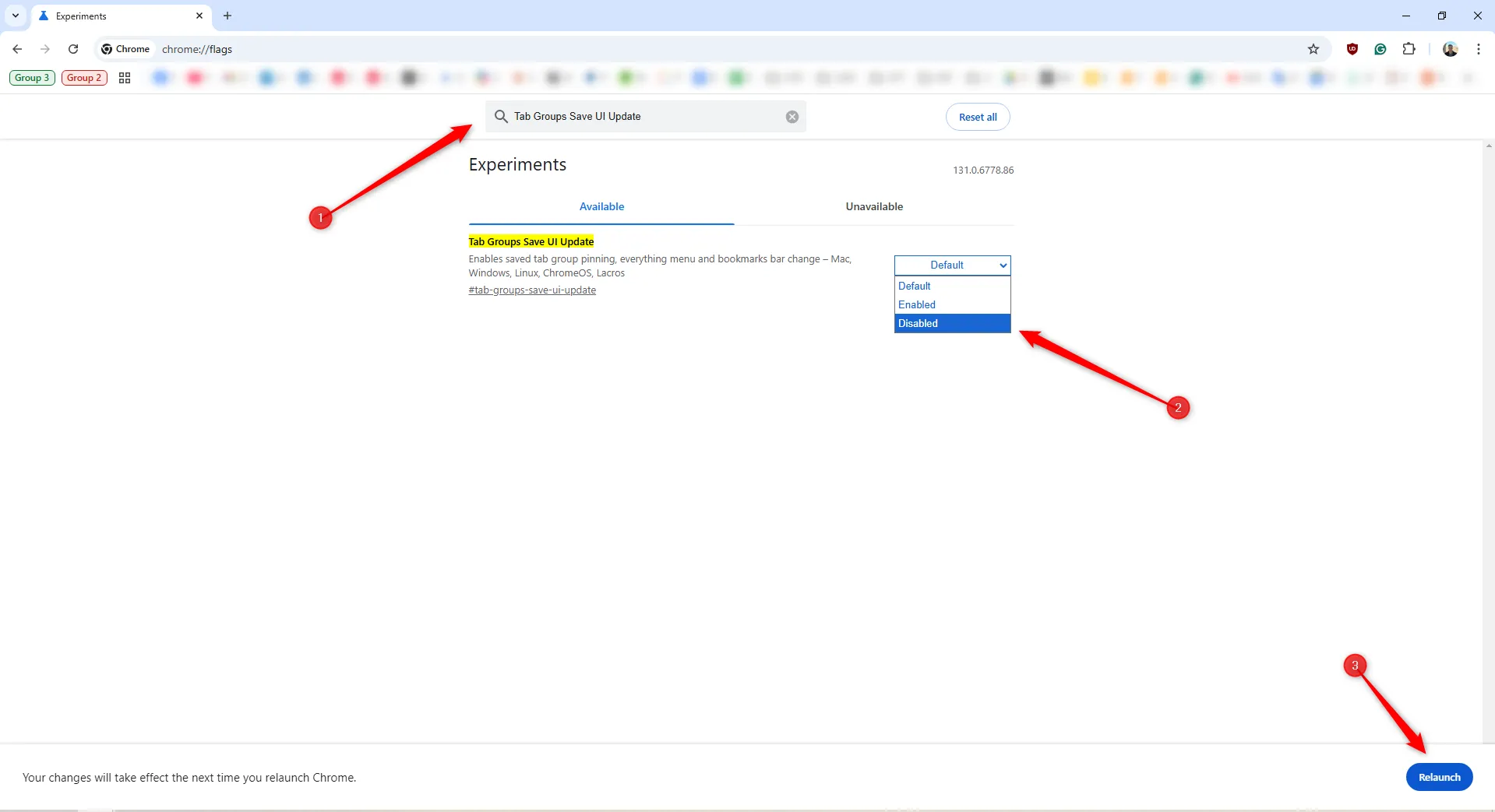 Giao diện Chrome Flags hiển thị tùy chọn &quot;Tab Groups Save UI Update&quot; đã được đặt thành &quot;Disabled&quot; để vô hiệu hóa nút nhóm tab.
