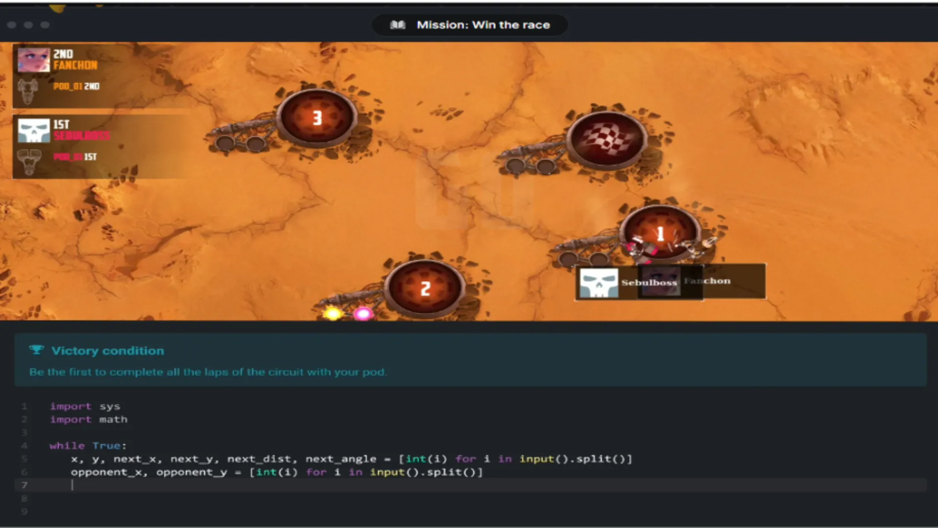 Giao diện CodinGame với các nhiệm vụ lập trình phức tạp và trình chỉnh sửa code, nơi người chơi xây dựng robot chiến đấu bằng Python và nhiều ngôn ngữ khác.