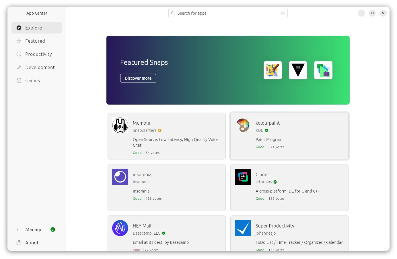 Giao diện cửa hàng ứng dụng chính thức của Ubuntu, nơi người dùng dễ dàng tìm kiếm và cài đặt phần mềm.