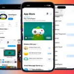 Giao diện cửa hàng ứng dụng iMessage trên nhiều mẫu iPhone khác nhau, hiển thị các ứng dụng có sẵn.
