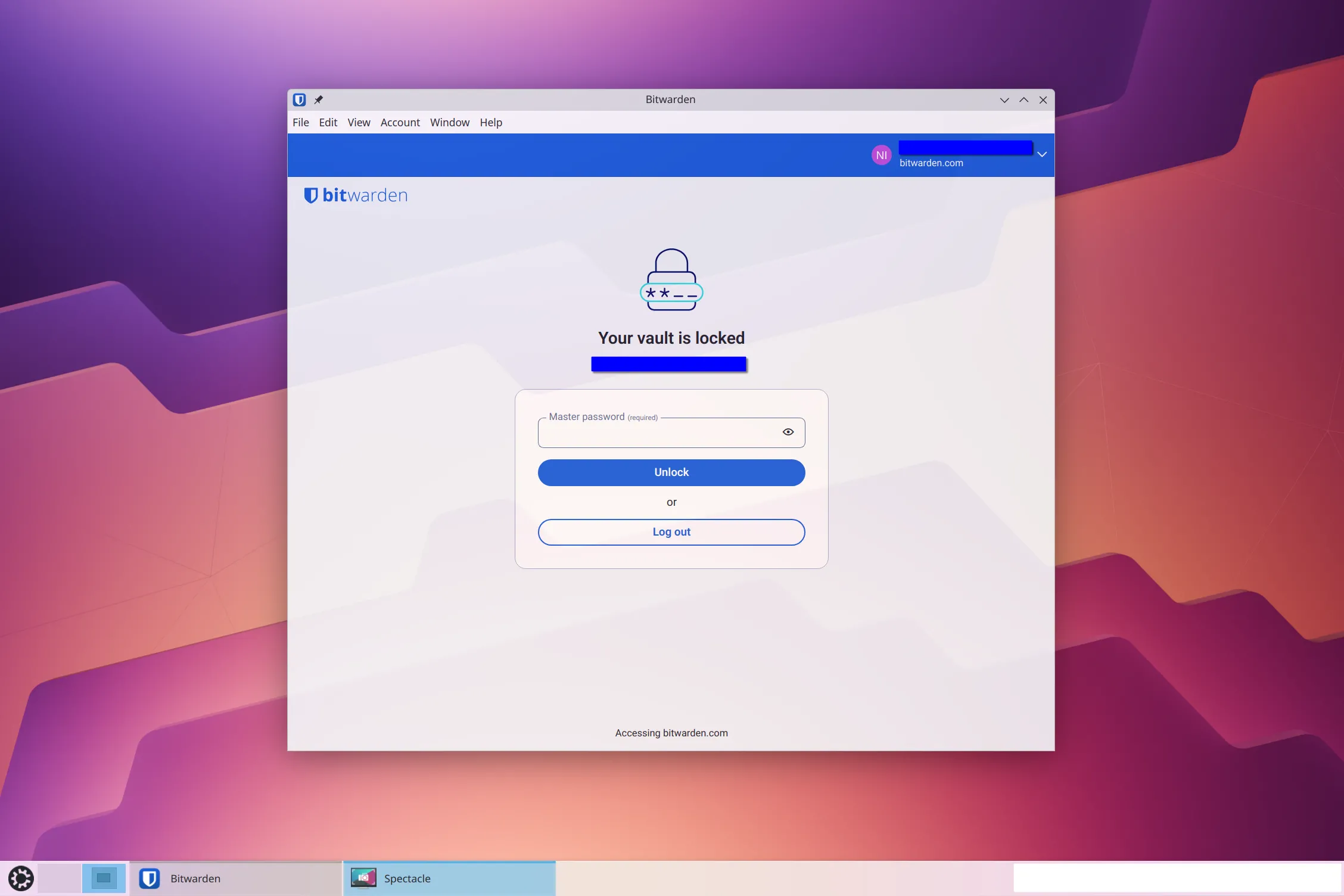 Giao diện đăng nhập chính của BitWarden, một ứng dụng quản lý mật khẩu an toàn, yêu cầu nhập mật khẩu chính để truy cập kho dữ liệu.