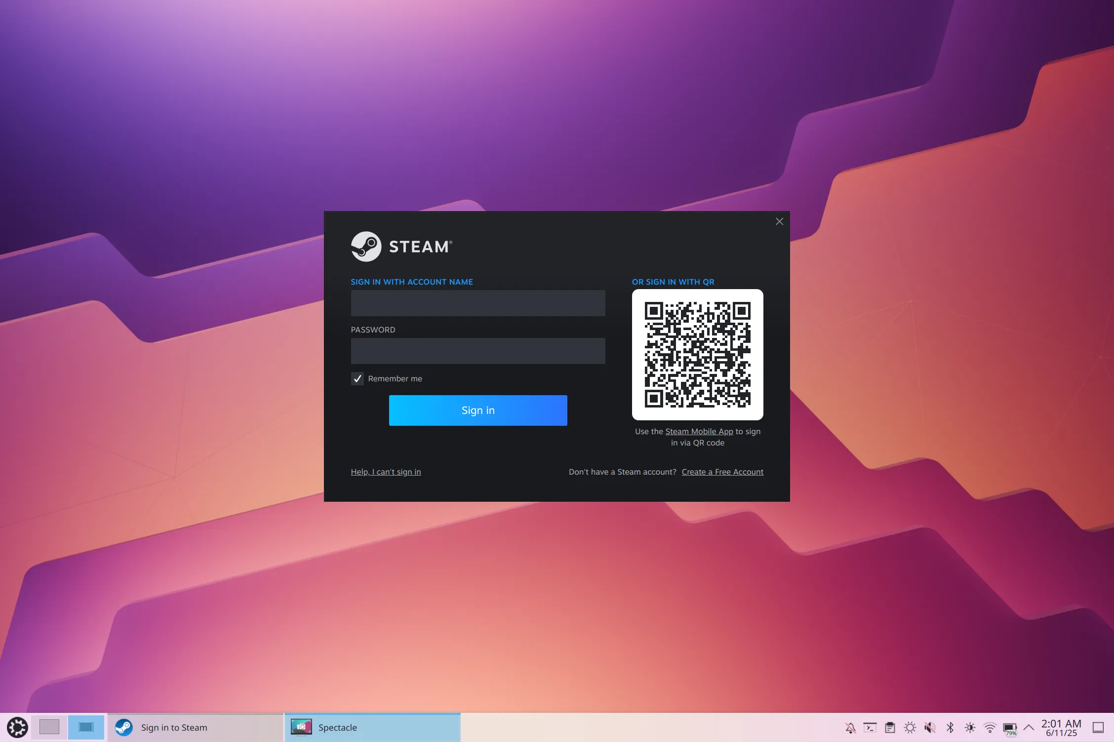 Giao diện đăng nhập Steam trên hệ điều hành Kubuntu Linux, hiển thị các trường nhập tài khoản và mật khẩu.