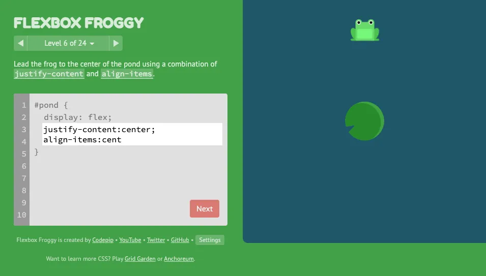 Giao diện game Flexbox Froggy với ô code ở trái và ao sen chứa ếch ở phải, giúp học Flexbox hiệu quả.