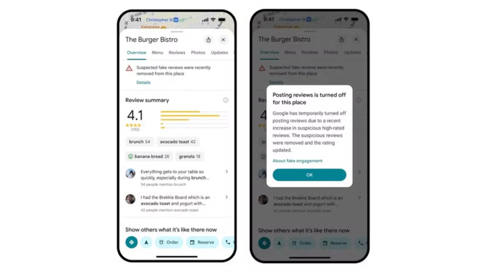 Giao diện Google Maps hiển thị thông báo "Đánh giá tạm thời bị tắt" cho một địa điểm, minh họa nỗ lực chống đánh giá giả mạo của Google.