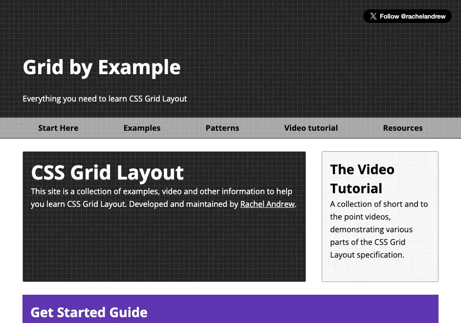 Giao diện Grid by Example với các phần Ví dụ, Hướng dẫn Video và Hướng dẫn Bắt đầu, cung cấp tài liệu học CSS Grid.