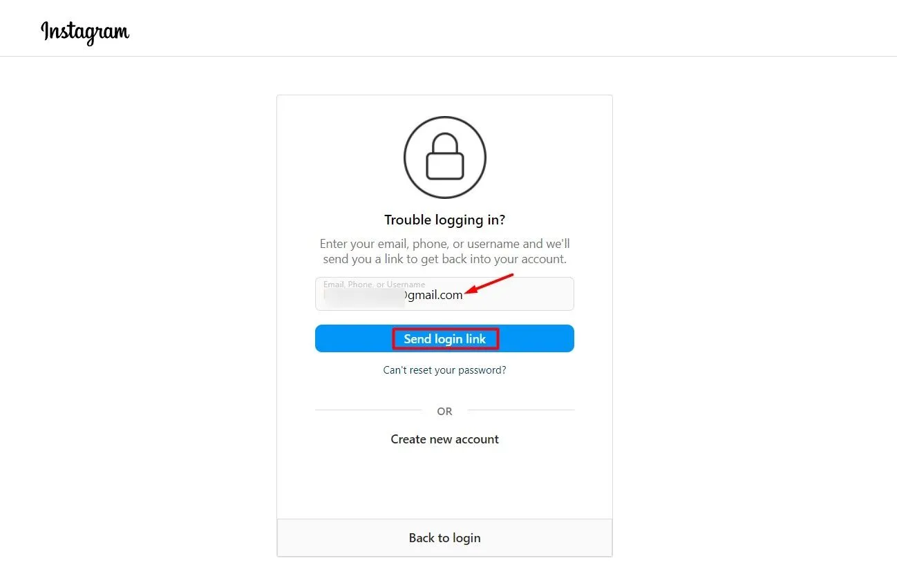 Giao diện gửi liên kết đăng nhập để đặt lại mật khẩu Instagram trên website