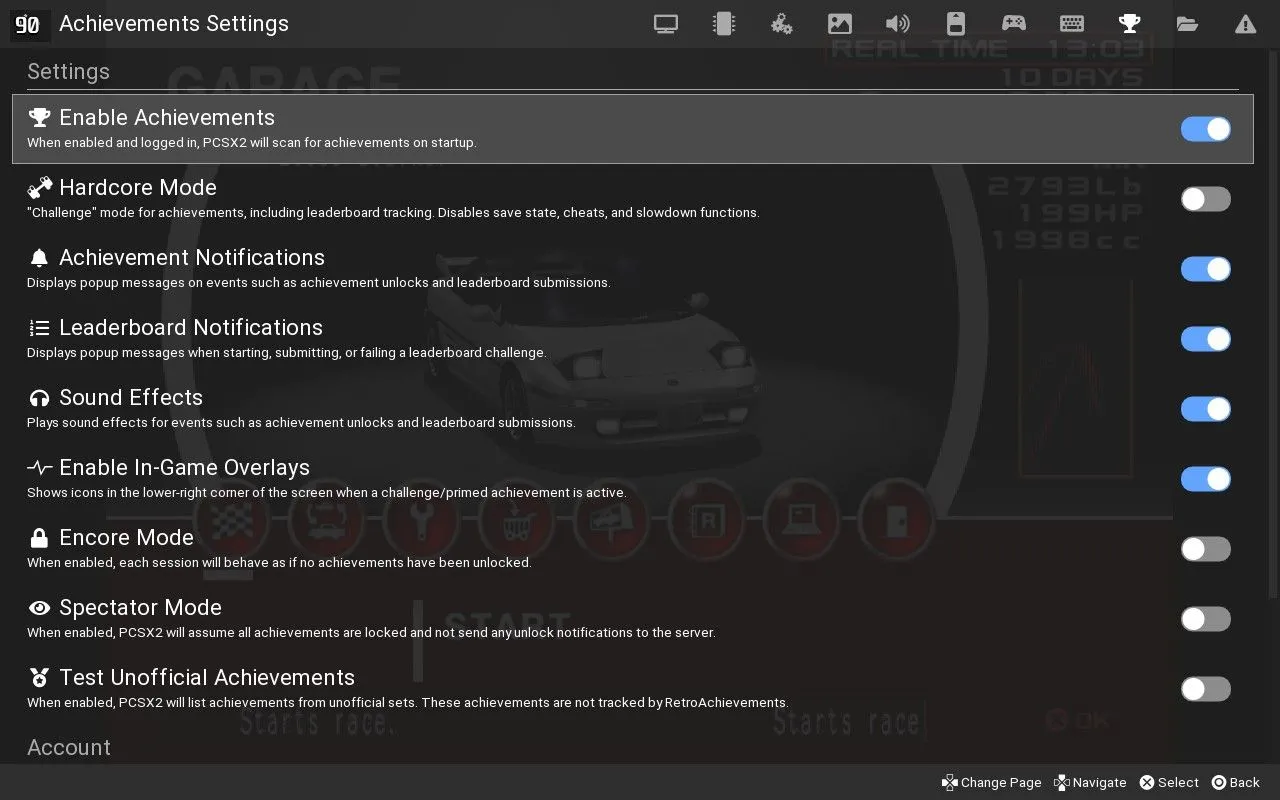 Giao diện hỗ trợ RetroAchievements trong trình giả lập PCSX2, hiển thị các lựa chọn kích hoạt thành tích