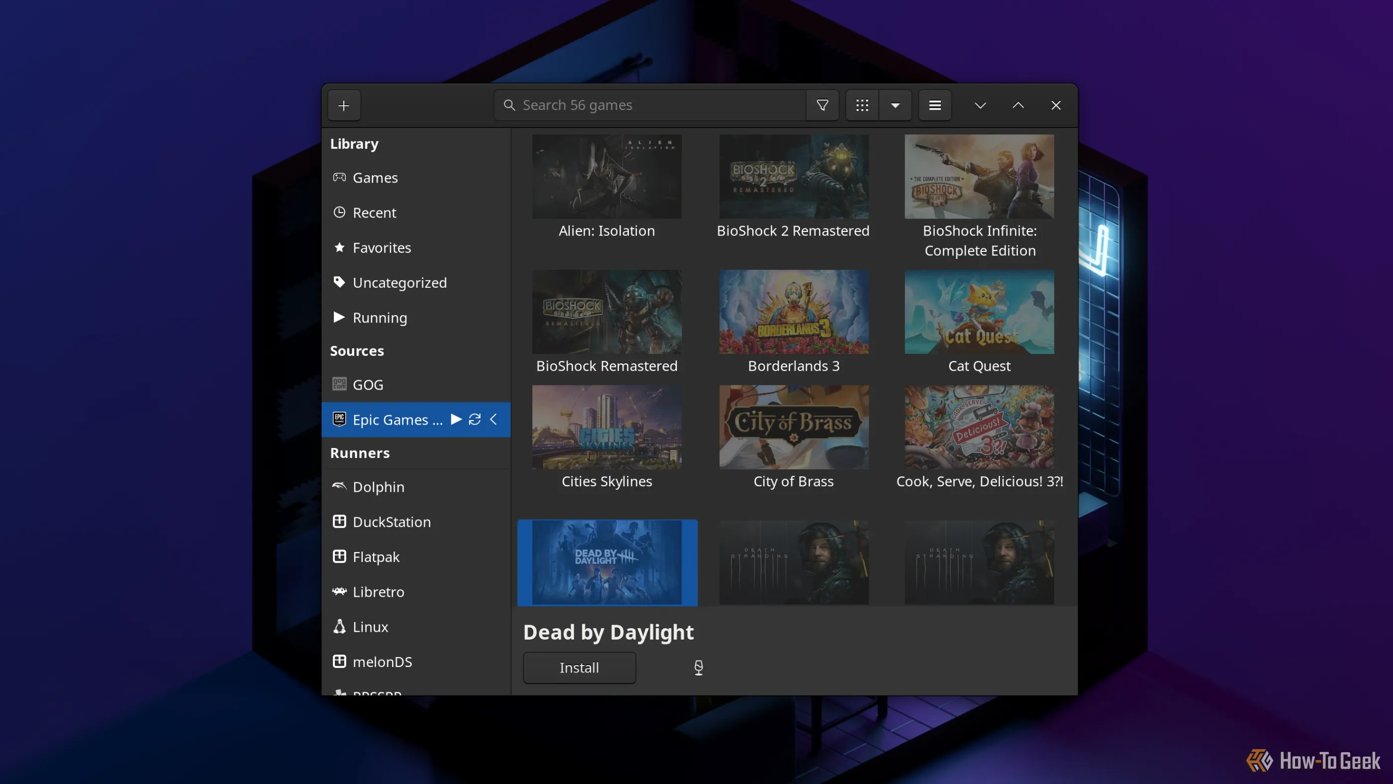 Giao diện Lutris quản lý và cài đặt game từ Epic Games Store, mở rộng thư viện trò chơi cho console Linux.