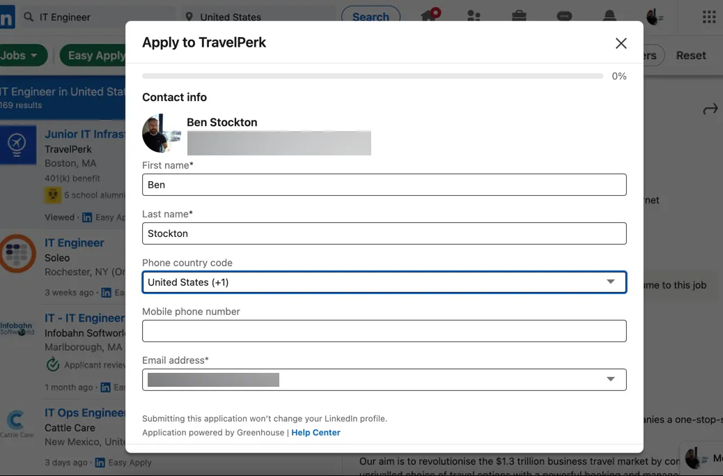 Giao diện mẫu đơn ứng tuyển nhanh (Easy Apply) trên LinkedIn.
