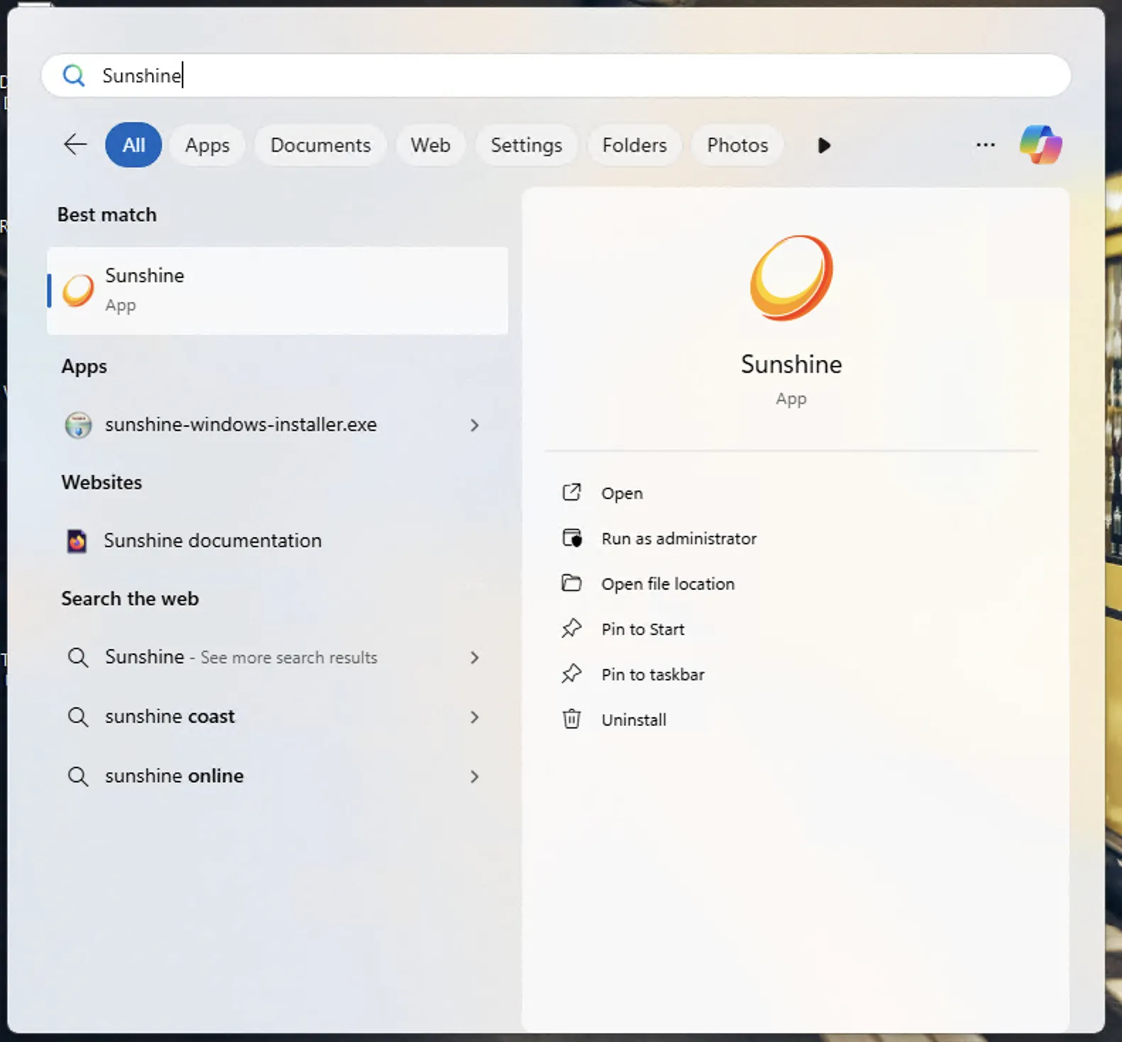 Giao diện menu Start của Windows hiển thị tùy chọn mở ứng dụng Sunshine game streaming server, sẵn sàng để cấu hình.