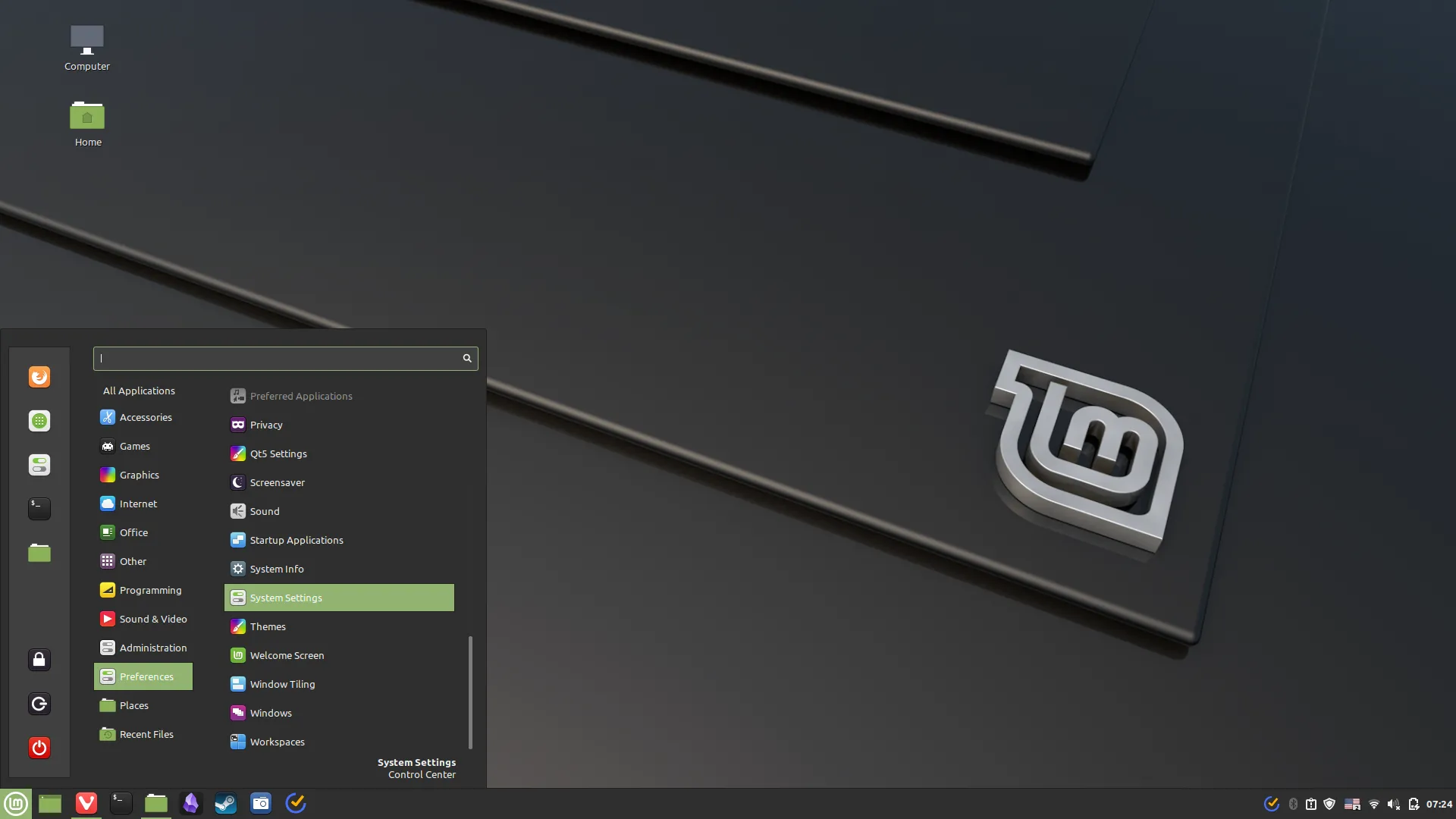 Giao diện menu Start quen thuộc của Linux Mint giúp người dùng dễ dàng tìm kiếm ứng dụng và cài đặt.