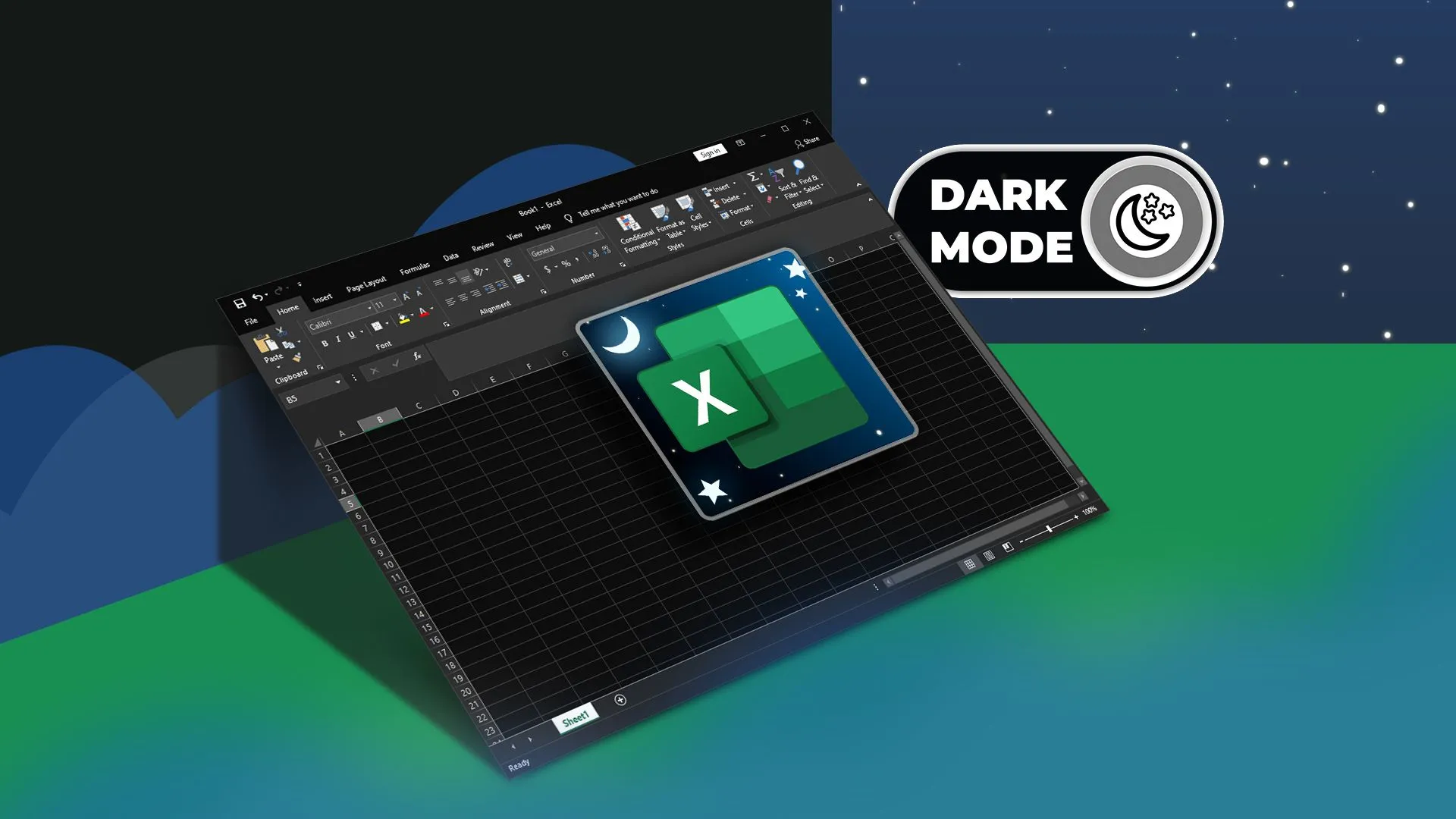 Giao diện Microsoft Excel đang hiển thị ở chế độ Dark Mode (nền tối), với logo Excel và một công tắc bật/tắt chế độ
