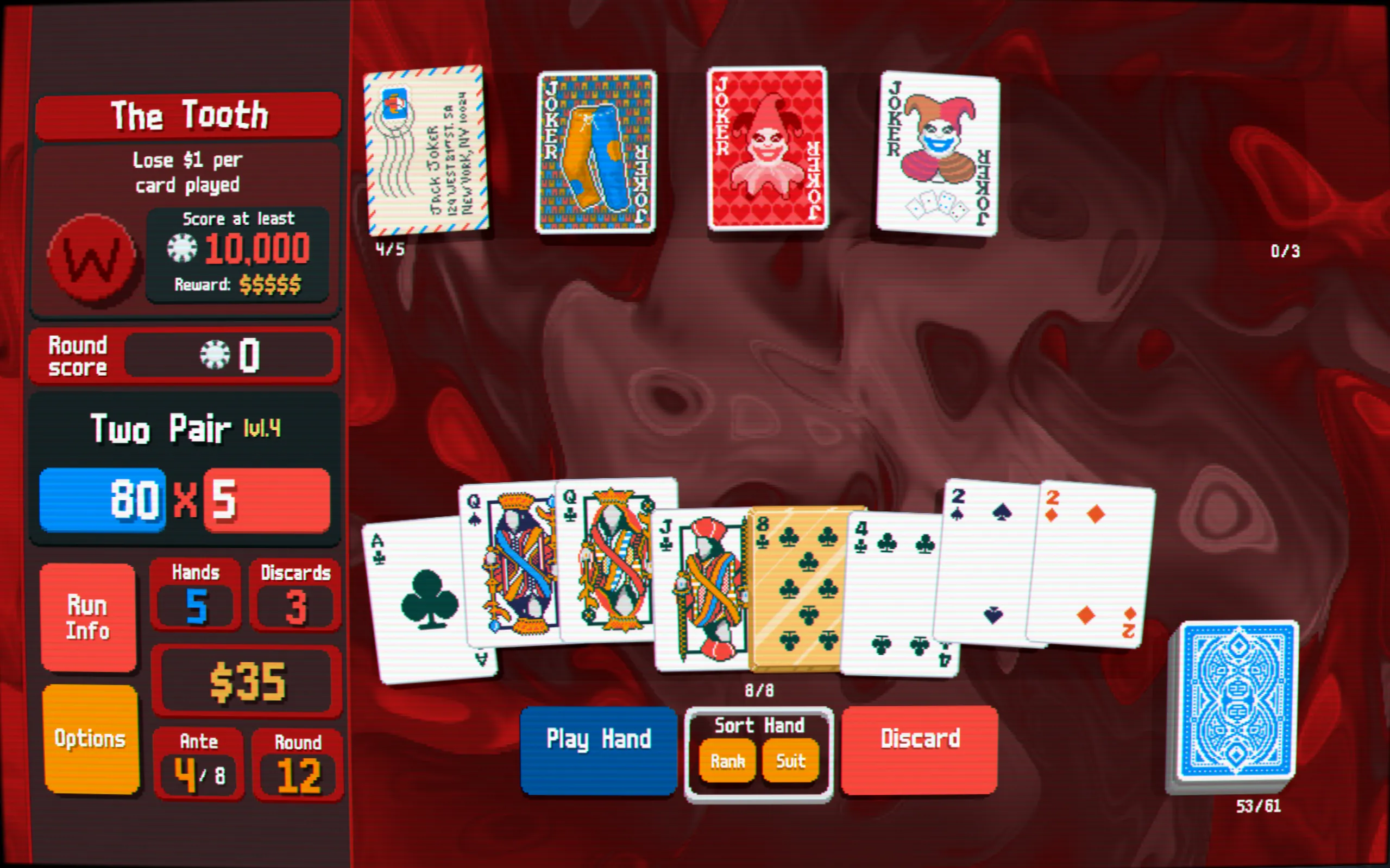 Giao diện người chơi chiến đấu với một boss trong một game deck-builder, minh họa cơ chế chiến đấu tương tự Balatro.