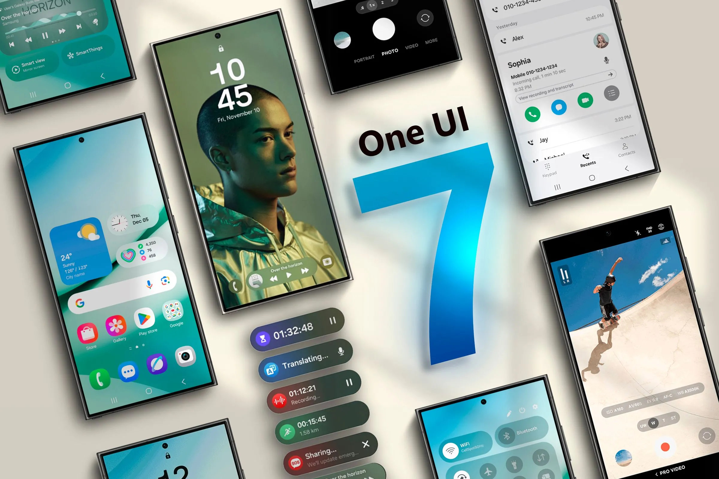 Giao diện One UI 7 mới trên các thiết bị Samsung Galaxy S24 đặt cạnh nhau
