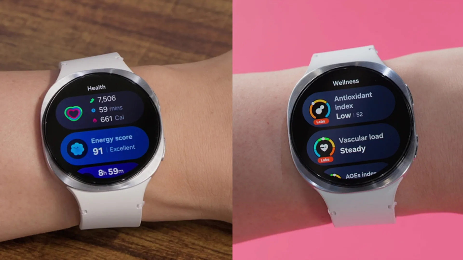 Giao diện One UI 8 Watch mới trên Galaxy Watch 8 với các ô thông tin đa nhiệm và tính năng theo dõi sức khỏe.