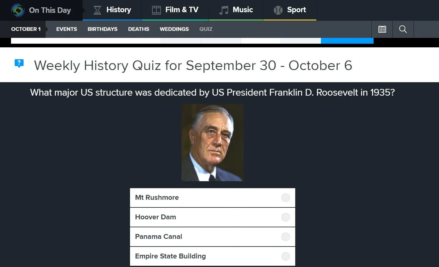 Giao diện phần đố vui lịch sử (Quiz) trên website On This Day