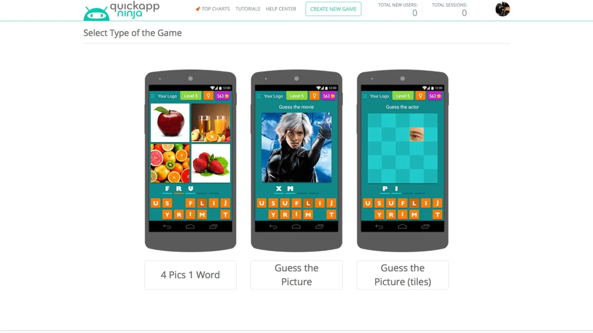Giao diện QuickAppNinja với ví dụ game đố vui, minh họa khả năng tạo game Android không cần code.