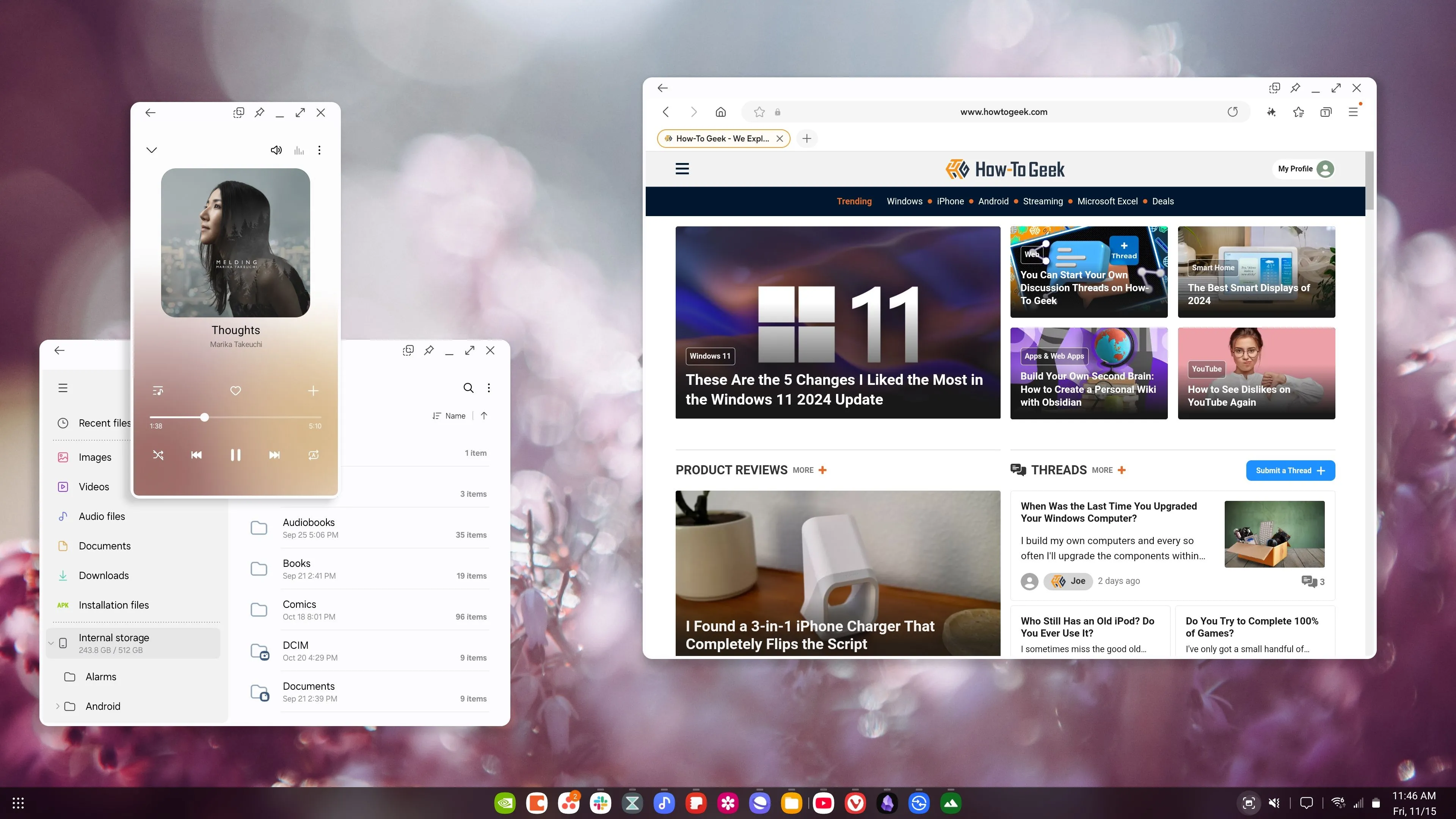 Giao diện Samsung DeX với nhiều ứng dụng đang mở, mô phỏng màn hình máy tính
