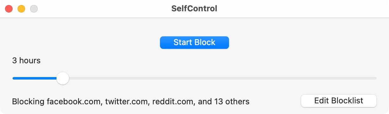 Giao diện SelfControl chặn trang web trên macOS