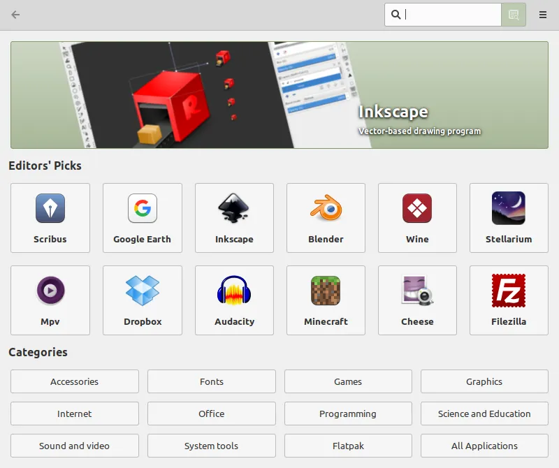 Giao diện Software Manager trên Linux Mint cung cấp kho ứng dụng miễn phí và an toàn.