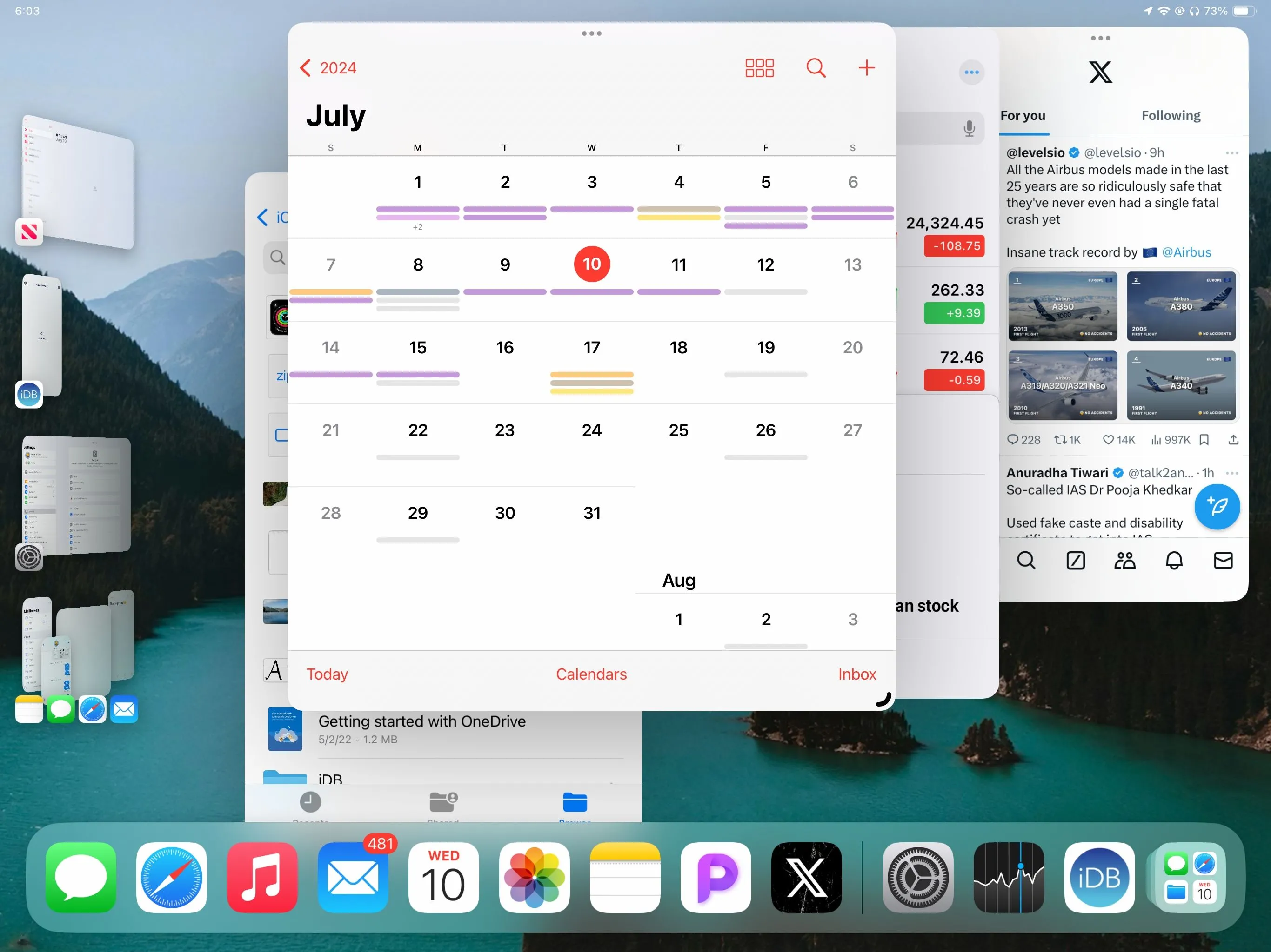 Giao diện Stage Manager trên iPad hiển thị nhiều ứng dụng đa nhiệm cùng lúc như Lịch, Chứng khoán, Tệp và X