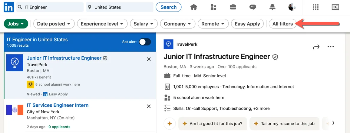 Giao diện tìm kiếm việc làm trên LinkedIn với mũi tên chỉ vào nút "Tất cả Bộ lọc" để tối ưu tìm kiếm.