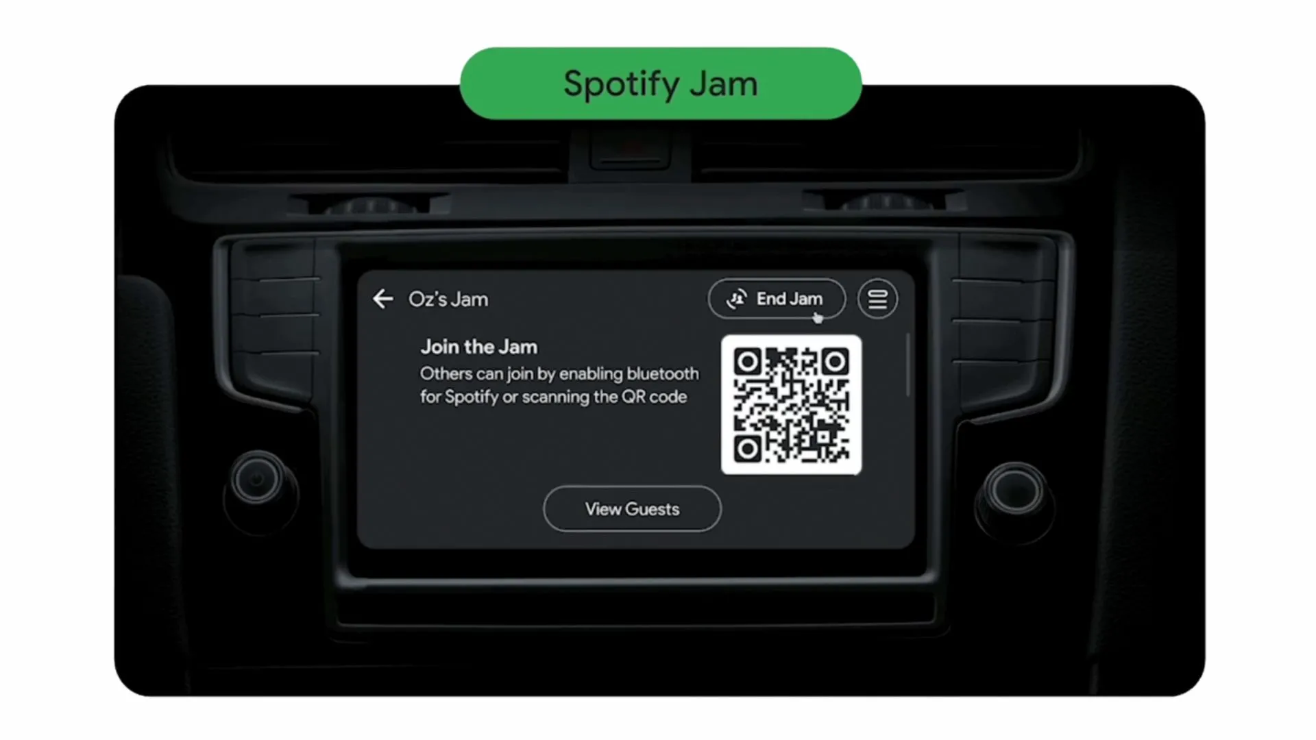 Giao diện tính năng Spotify Jam hiển thị mã QR trên màn hình Android Auto trong ô tô