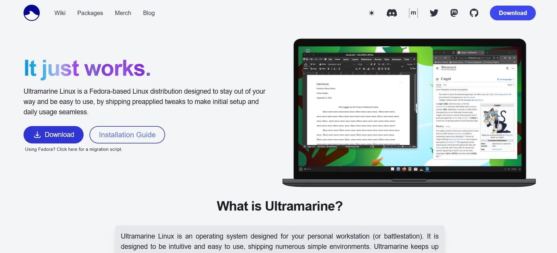 Giao diện trang chủ chính thức của Ultramarine Linux, thể hiện phong cách thiết kế độc đáo và trẻ trung.