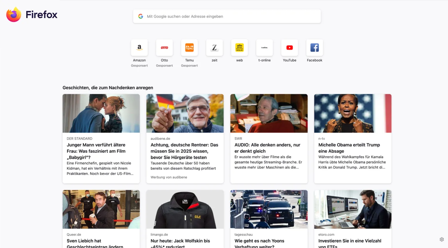 Giao diện trang tab mới của Firefox 135 hiển thị các bài viết tin tức đề xuất, thanh tìm kiếm và biểu tượng truy cập nhanh các trang web phổ biến.