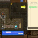Giao diện trò chơi CodeCombat với các dòng lệnh Python hiển thị trên màn hình, giúp người học điều khiển nhân vật trong môi trường dungeon.