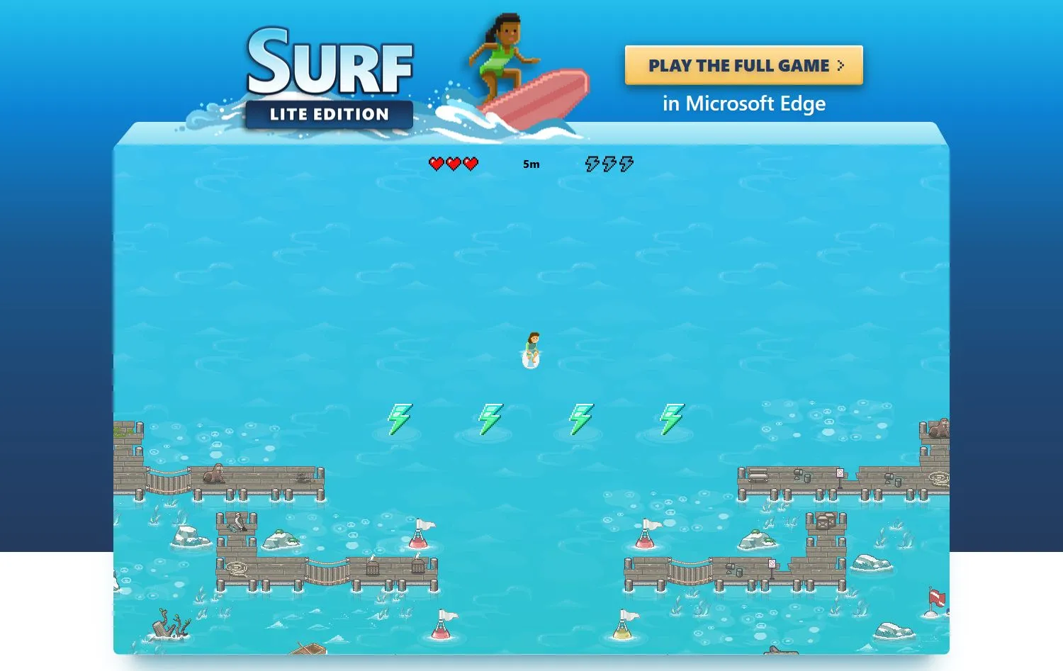 Giao diện trò chơi Edge Surf Lite Edition trực tuyến với hình ảnh lướt sóng và nút &quot;Bắt đầu&quot;