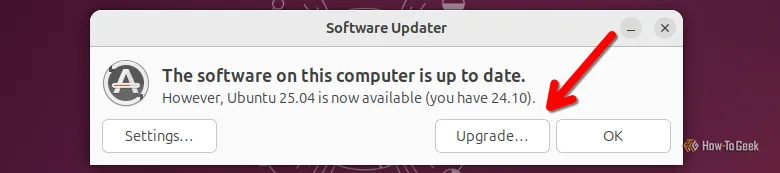 Giao diện ứng dụng Cập nhật Phần mềm (Software Updater) của Ubuntu, hiển thị nút &quot;Nâng cấp...&quot; (Upgrade) có sẵn sau khi kiểm tra các bản cập nhật.