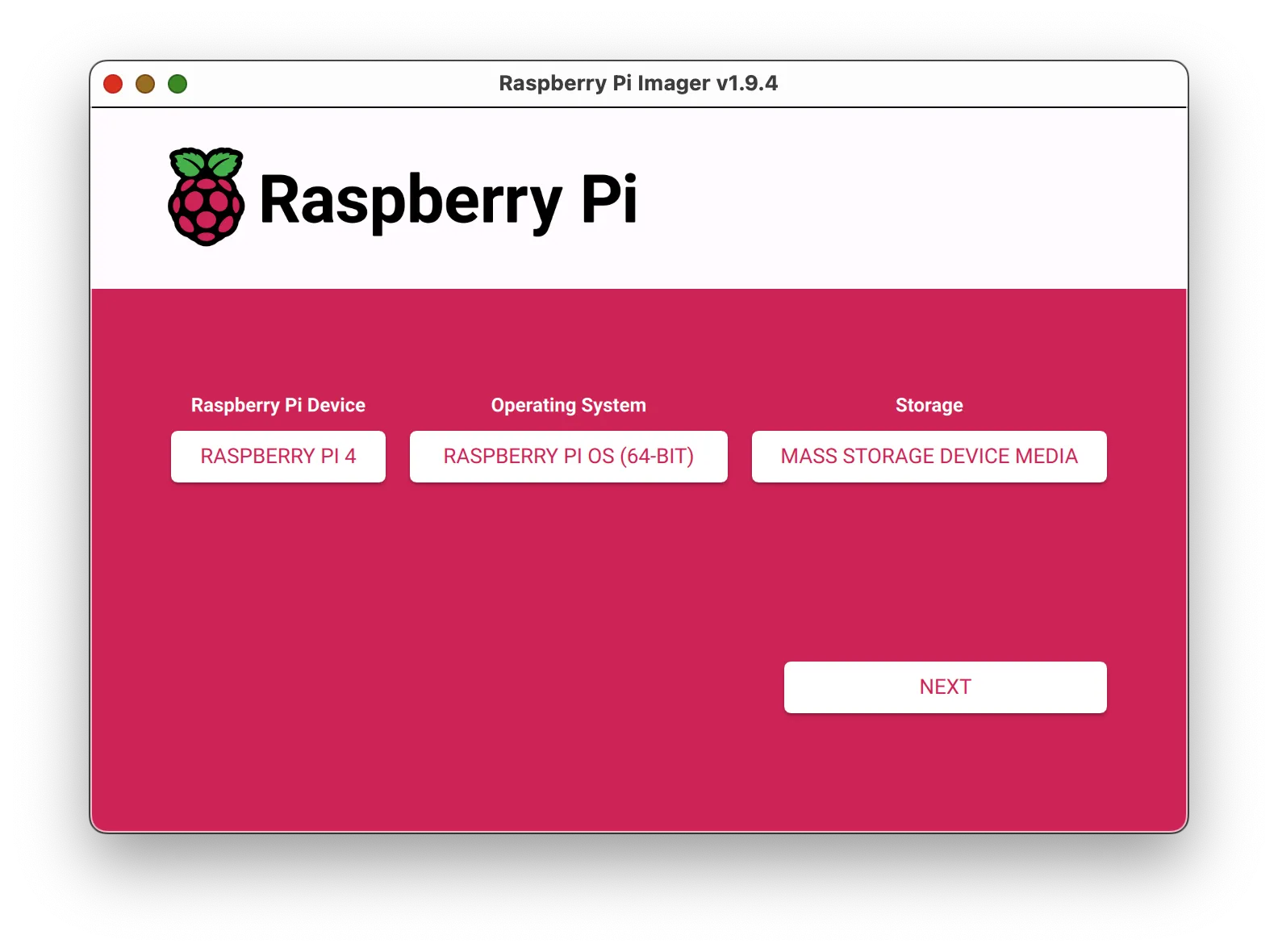 Giao diện ứng dụng Raspberry Pi Imager, dùng để ghi hệ điều hành Raspberry Pi OS 64-bit lên thẻ nhớ SD.