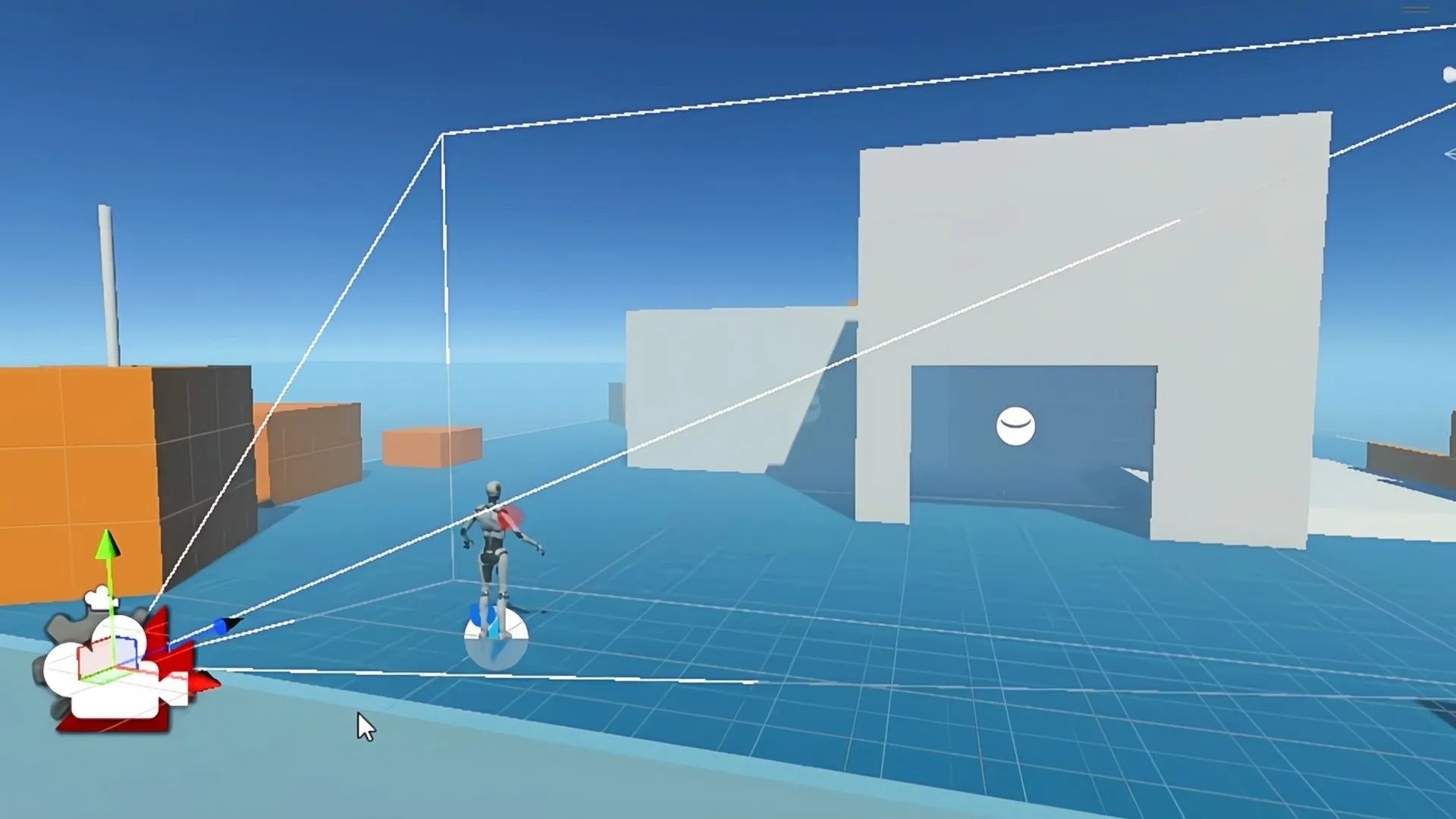 Giao diện Unity Editor hiển thị cảnh 3D với khung xương và camera, minh họa quá trình phát triển game Android.