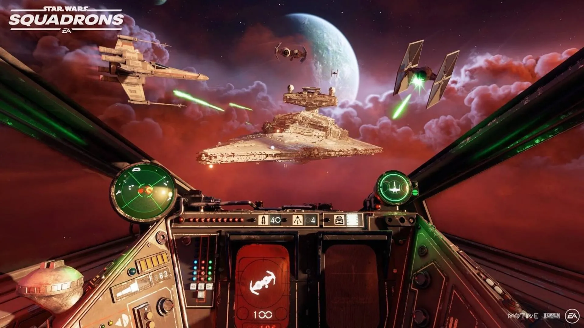 Góc nhìn buồng lái X-wing trong trận chiến khốc liệt với TIE Fighter và Star Destroyer trong game VR Star Wars: Squadrons.