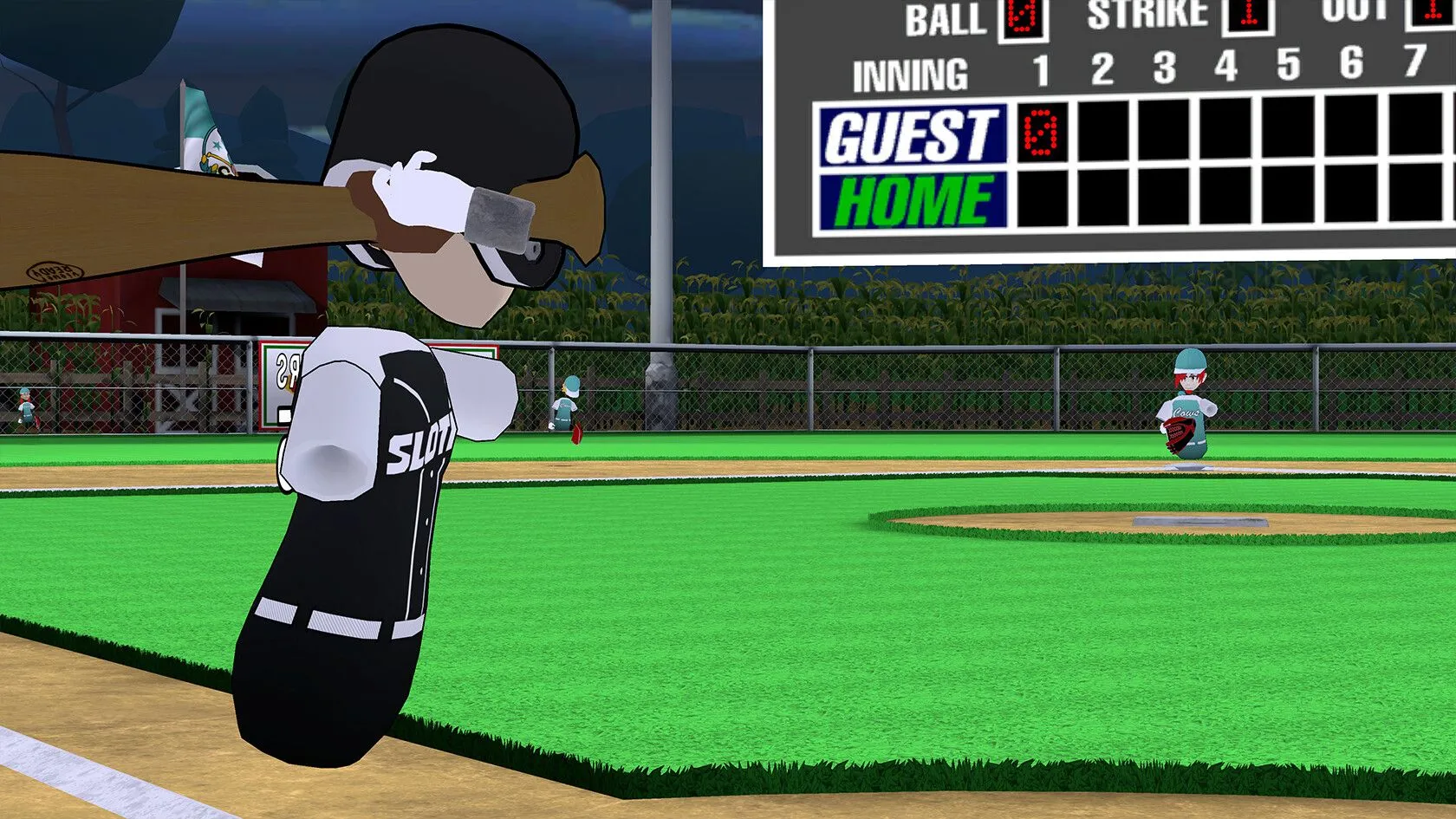Góc nhìn thực tế ảo từ sân bóng chày trong game TOTALLY BASEBALL khi người chơi chuẩn bị đánh bóng