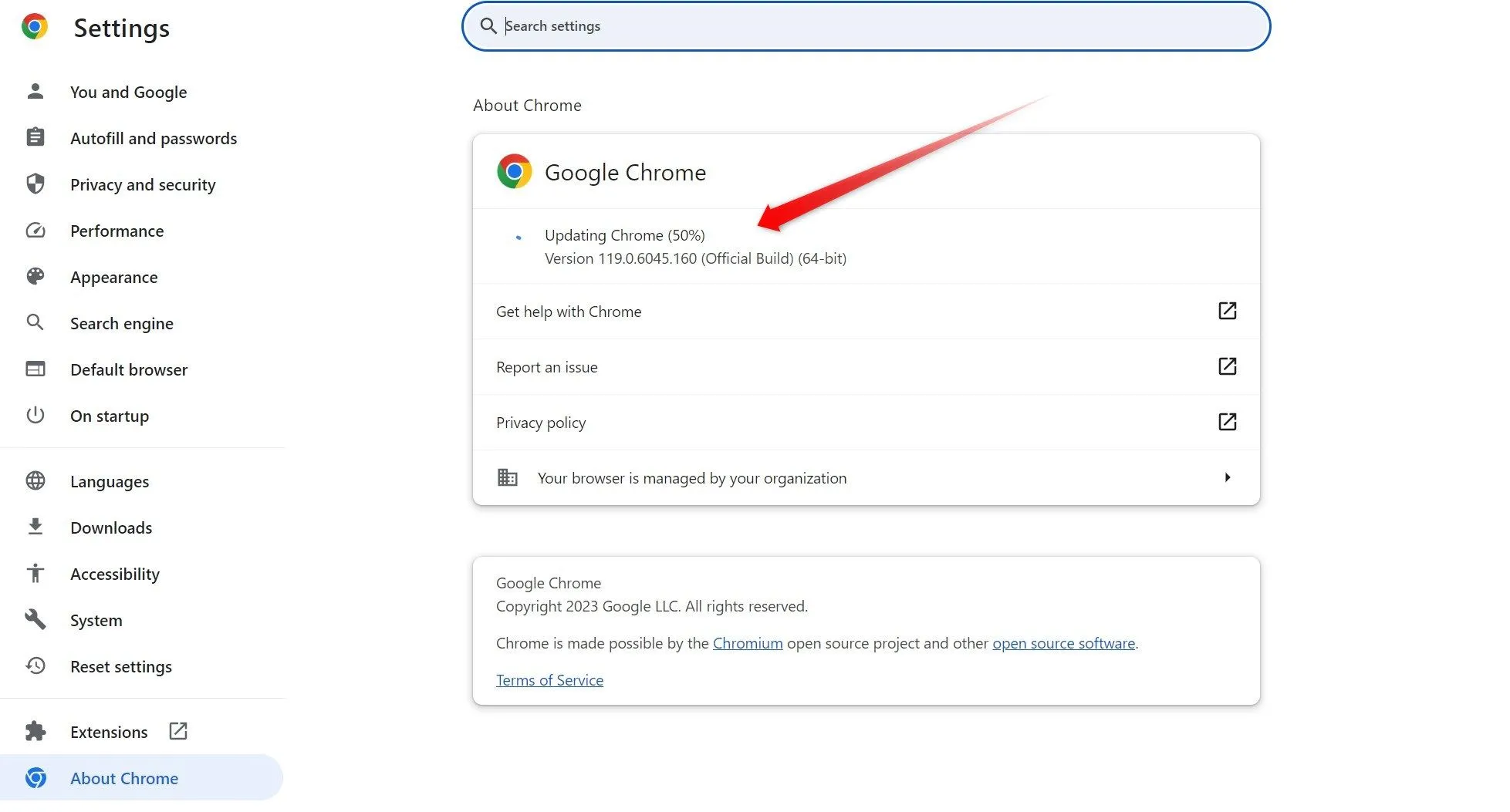 Google Chrome đang tự động cập nhật phiên bản mới nhất