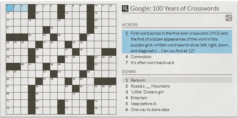 Google Doodle kỷ niệm 100 năm trò chơi ô chữ tương tác, hiển thị lưới ô chữ và logo Google