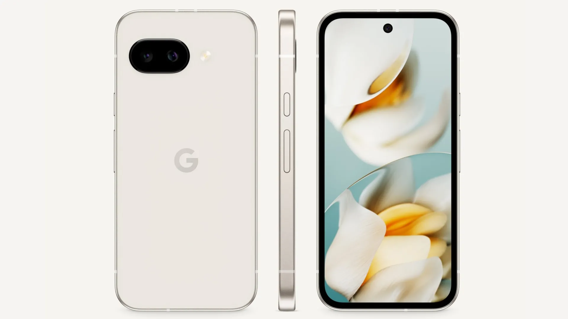 Google Pixel 9a màu sứ Porcelain, chụp từ nhiều góc độ (mặt lưng, cạnh bên, mặt trước), thể hiện thiết kế tổng thể và cụm camera.