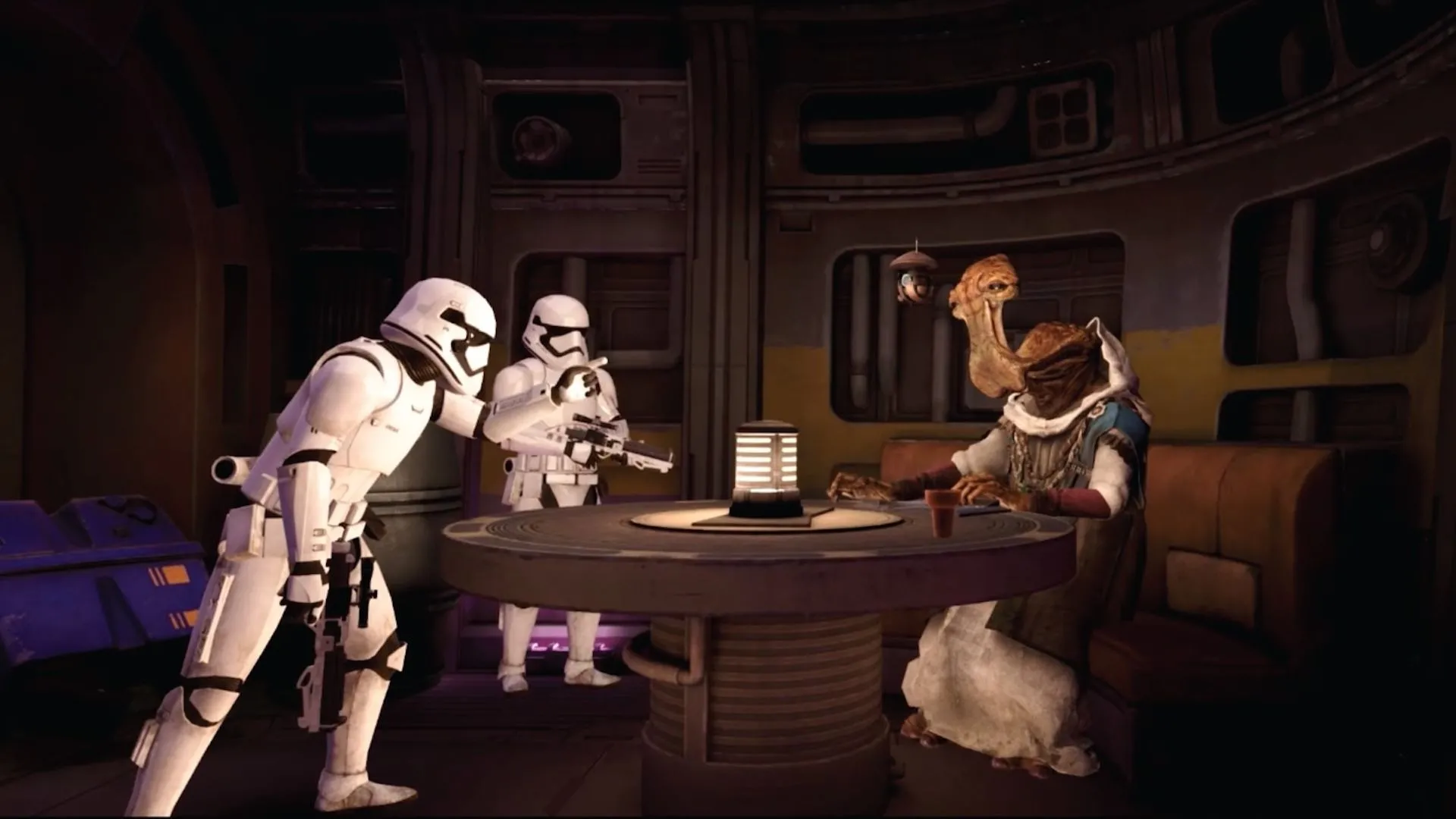 Hai lính Stormtrooper đang quở trách Dok-Ondar trong cảnh game của Star Wars: Tales from the Galaxy’s Edge VR.