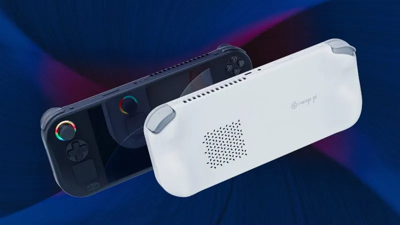 Hai máy chơi game cầm tay Orange Pi Neo màu đen và trắng đối diện, thiết bị chơi game mạnh mẽ chạy hệ điều hành Manjaro Linux.