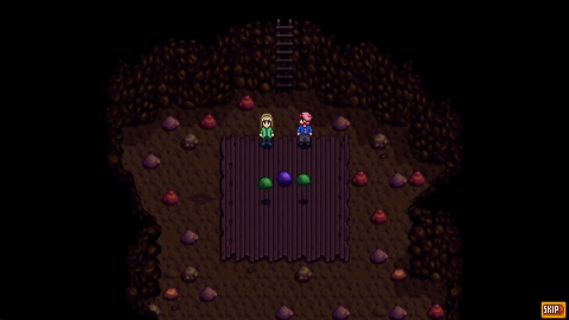 Hai nhân vật Stardew Valley đứng trước ba con Slime thân thiện trong hang động, minh họa mod Adventurer's Guild Expanded.