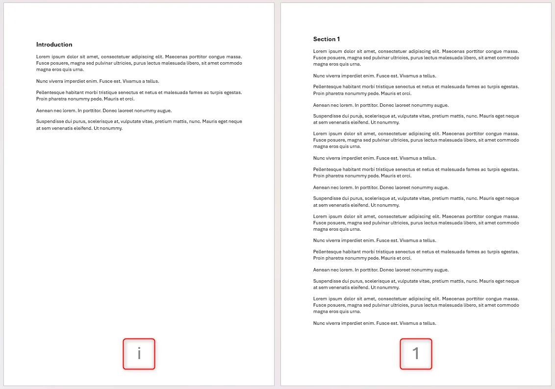 Hai phần tài liệu Microsoft Word được đánh số trang với định dạng khác nhau.