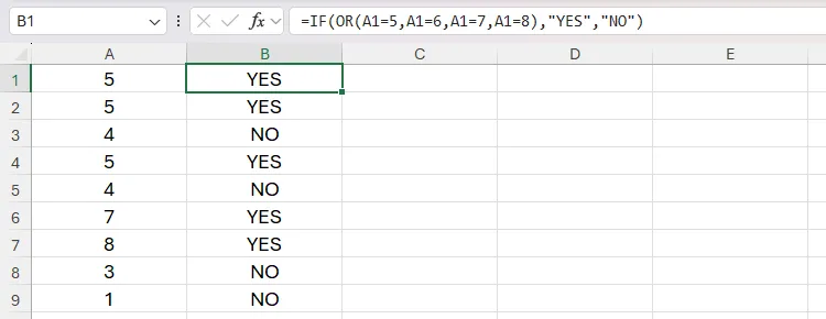 Hàm OR được lồng ghép trong hàm IF của Excel, được dùng để xác định các ô chứa nhiều giá trị khác nhau, minh họa cách dùng logic.